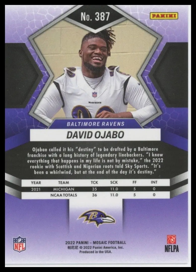 2022 Panini Mosaic Rookie David Ojabo #387 Baltimore Ravens Football Card NFL - Football Card Single