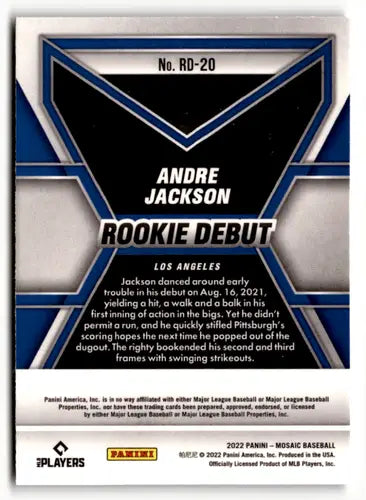 Baseball card back featuring 2022 Panini Mosaic Rookie Debut Mosaic Andre Jackson Dodgers