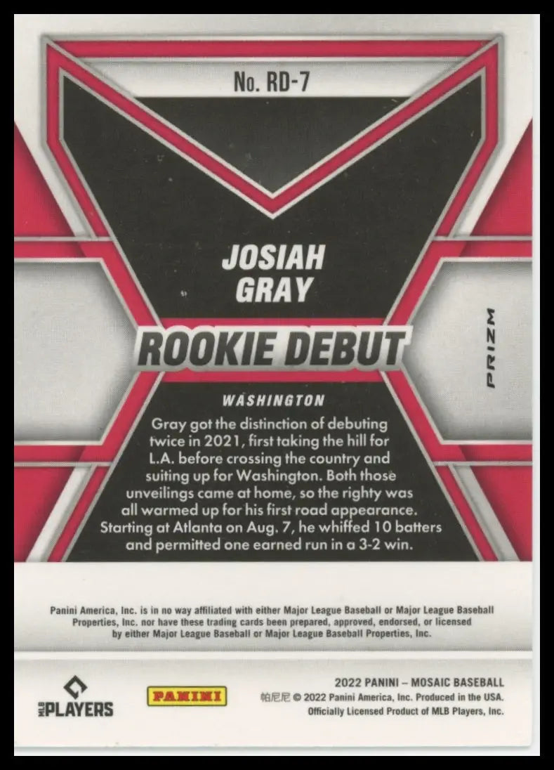 2022 Panini Mosaic - Rookie Debut Green Mosaic Josiah Gray RD-7 Nationals NM - Baseball Card Single