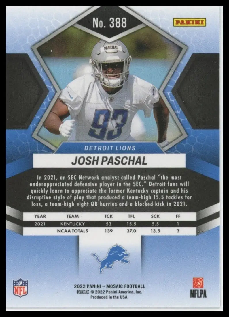 2022 Panini Mosaic Rookie Josh Paschal #388 Rookie Detroit Lions Football Card - Football Card Single