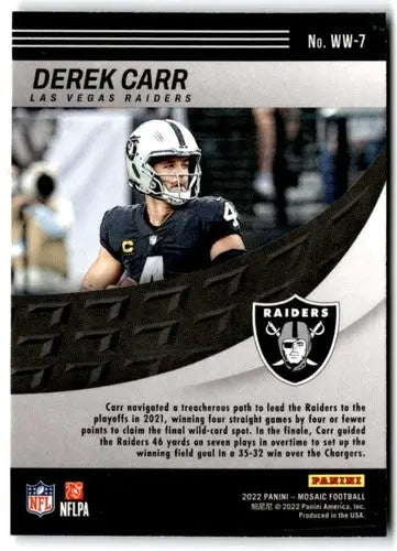 Derek Carr football card from Panini Mosaic Will to Win with original gloss