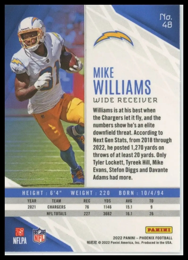 2022 Panini Phoenix Mike Williams #48 Los Angeles Chargers Football Card NFL - Football Card Single