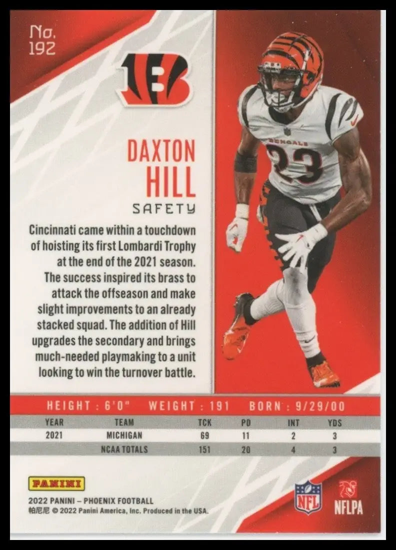 2022 Panini Phoenix Rookie Daxton Hill #192 Cincinnati Bengals Football Card NFL - Football Card Single