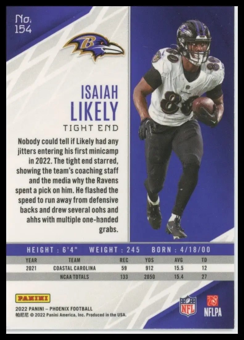 2022 Panini Phoenix Rookie Isaiah Likely #154 Baltimore Ravens Football Card NFL - Football Card Single