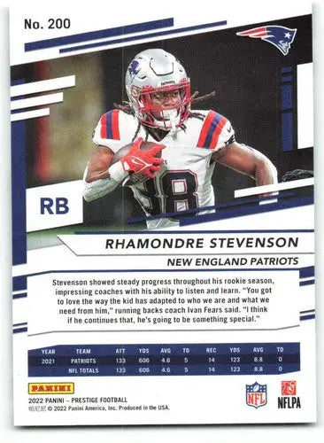 Original gloss Panini Prestige Rhamondre Stevenson football card for Patriots collection