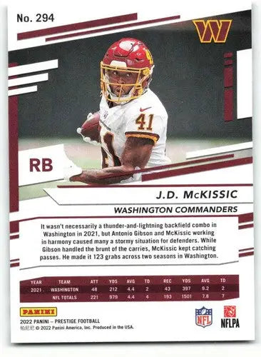 J.D. McKissic football card from 2022 Panini Prestige with original gloss by Simply Sandoval