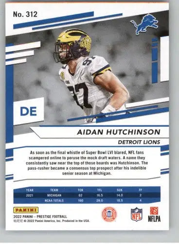 2022 Panini Prestige #312 Aidan Hutchinson NM Near Mint RC Rookie Lions ID:66857 - Football Card Single