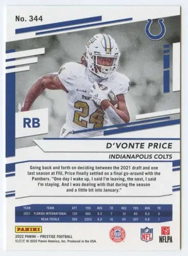 2022 Panini Prestige #344 D’Vonte Price NM-MT RC Rookie Colts ID:48523 - Football Card Single