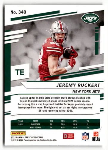 Original gloss football trading card of Jeremy Ruckert from 2022 Panini Prestige NY Jets