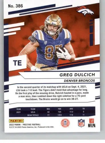 Football card featuring Greg Dulcich from Panini Prestige 2022 with original gloss