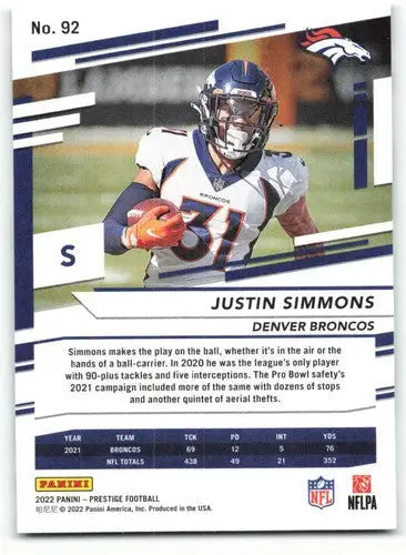 2022 Panini Prestige #92 Justin Simmons NM-MT Broncos ID:48427 - Football Card Single