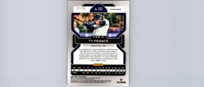 Ty France baseball card from 2022 Panini Prizm Red Wave Prizm #/99 collectible item