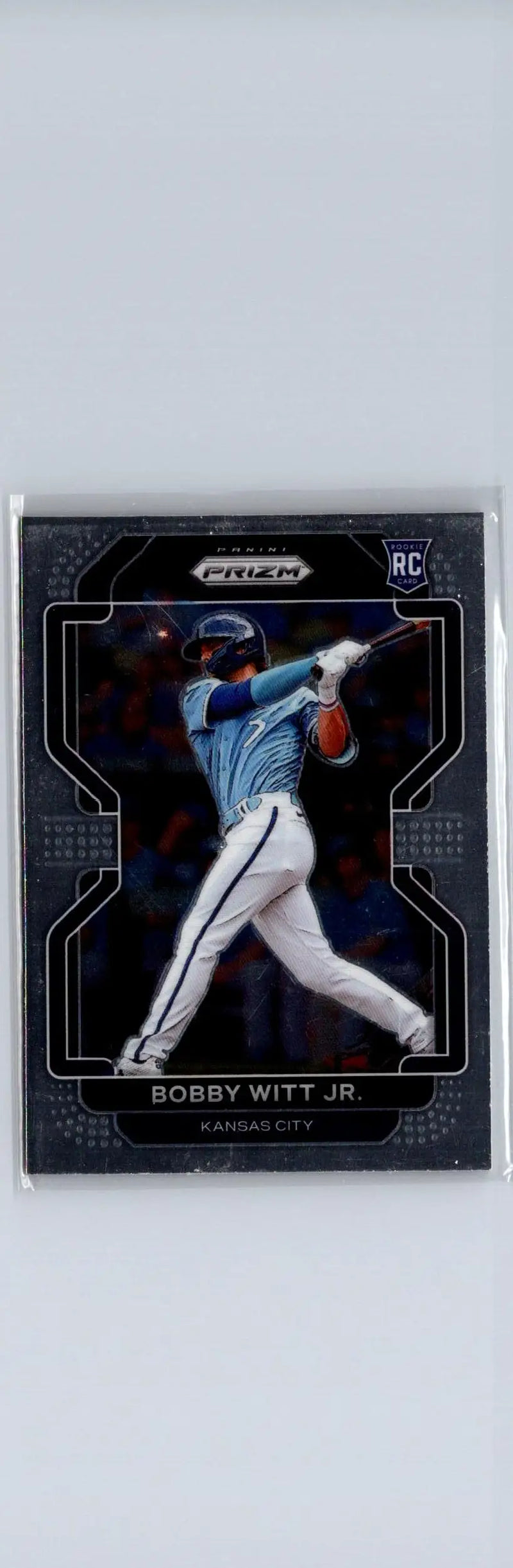 2022 Panini Prizm Bobby Witt Jr. baseball card showing Bobby Witt action shot