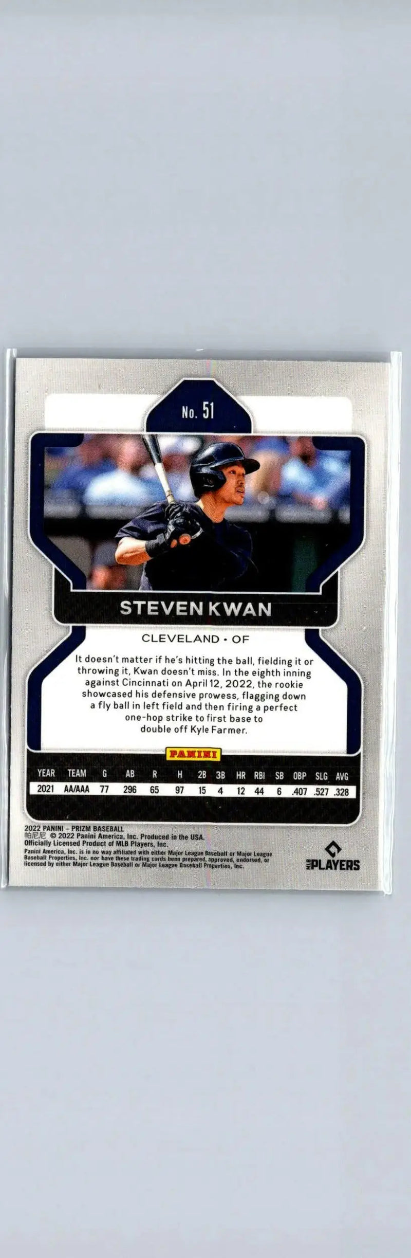 Steven Kwan baseball card from 2022 Panini Prizm series showcasing sports collectible