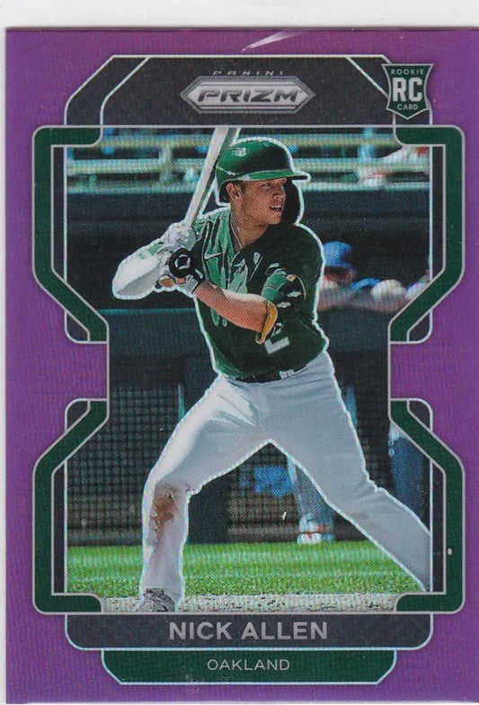Purple-bordered Prizm baseball card of Nick Allen in batting stance for Oakland Athletics