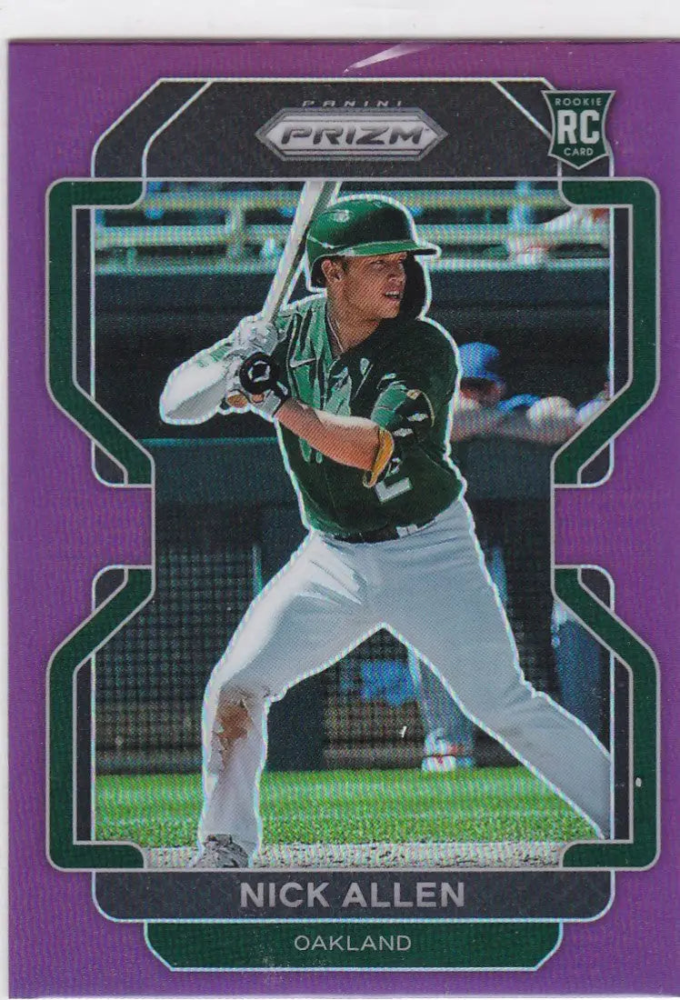 Purple-bordered Prizm baseball card of Nick Allen in batting stance for Oakland Athletics
