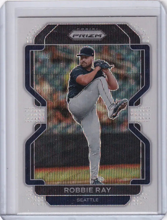 Baseball card of Robbie Ray pitching in dark uniform, 2022 Panini Prizm #99 Seattle Mariners