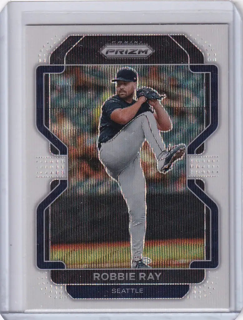 Baseball card of Robbie Ray pitching in dark uniform, 2022 Panini Prizm #99 Seattle Mariners