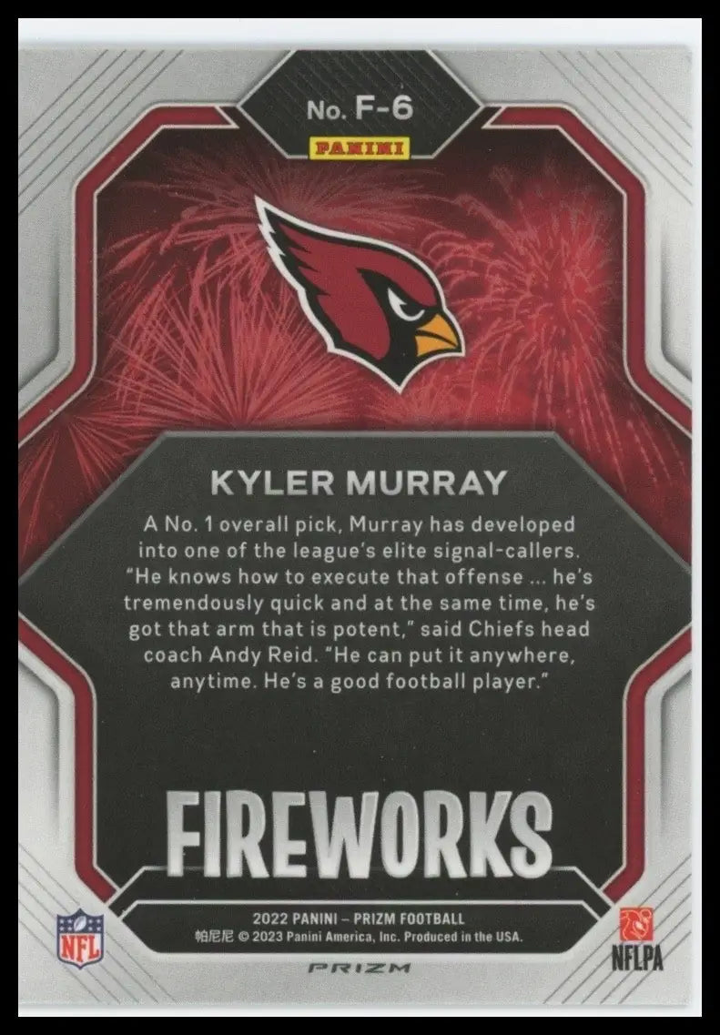 2022 Panini Prizm Fireworks No Huddle Kyler Murray #F-6 Arizona Cardinals Card