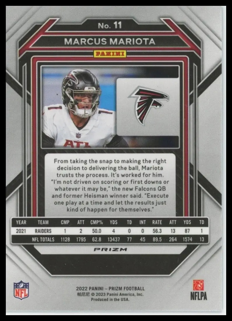 2022 Panini Prizm Light Blue Marcus Mariota #11 Atlanta Falcons Football Card
