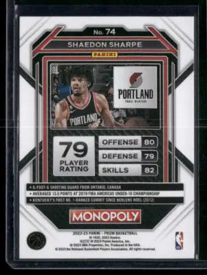 2022 Panini Prizm Monopoly Shaedon Sharpe #74 RC Basketball - Basketball Card Single