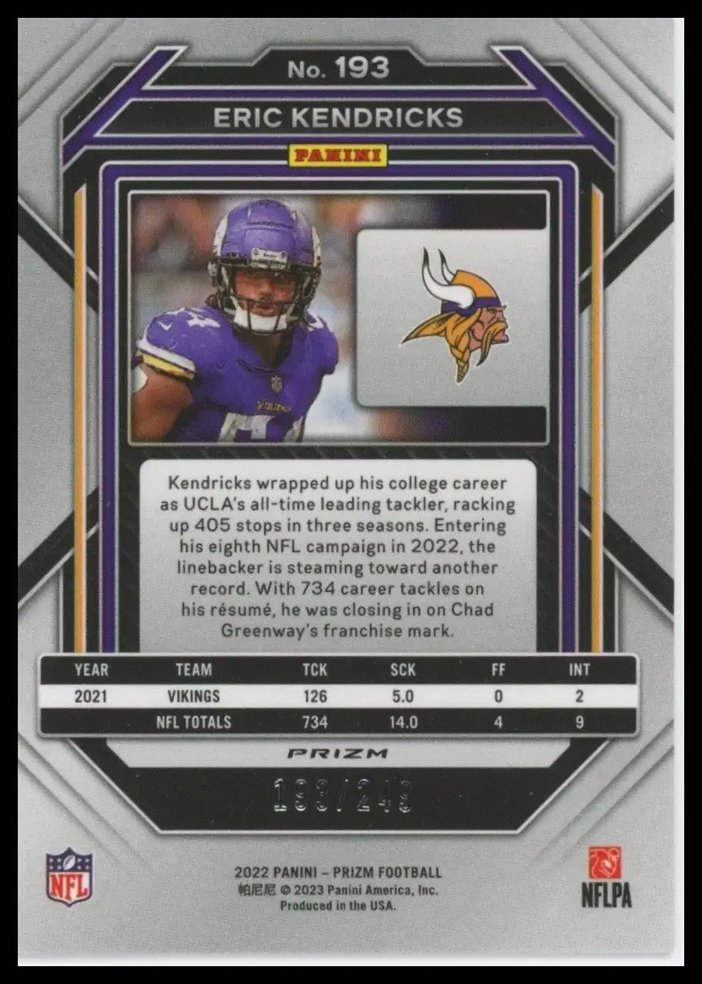 2022 Panini Prizm Orange /249 Eric Kendricks #193 Minnesota Vikings Football