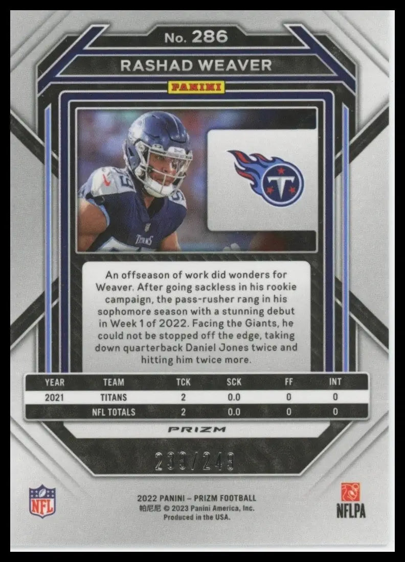 2022 Panini Prizm Orange /249 Rashad Weaver #286 Tennessee Titans Football Card