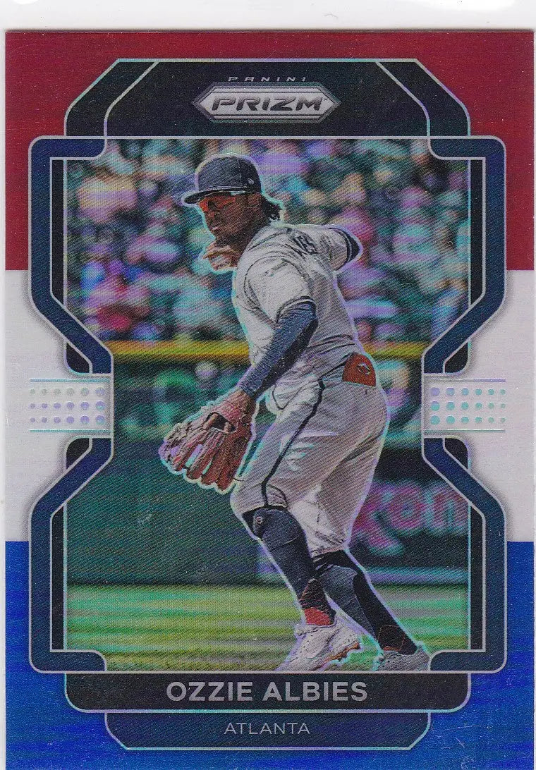 Baseball trading card of Ozzie Albies in white uniform, Panini Prizm Red White Blue