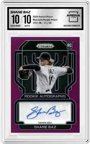 2022 Panini Prizm Shane Baz #RA-SB Purple Auto 11/50 RC Baseball Arena Club 10 - Baseball Card Single