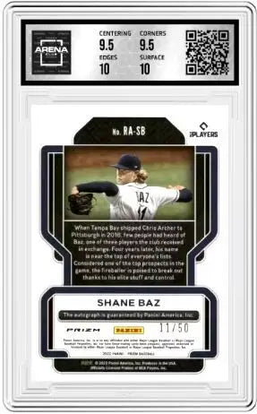 2022 Panini Prizm Shane Baz #RA-SB Purple Auto 11/50 RC Baseball Arena Club 10 - Baseball Card Single