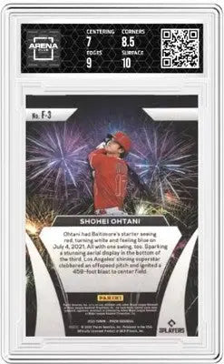 Graded Shohei Ohtani baseball trading card from Panini Prizm Shohei series featuring Fireworks design