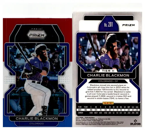 Original gloss 2022 Panini Prizm Tier II Red White and Blue Charlie Blackmon baseball card