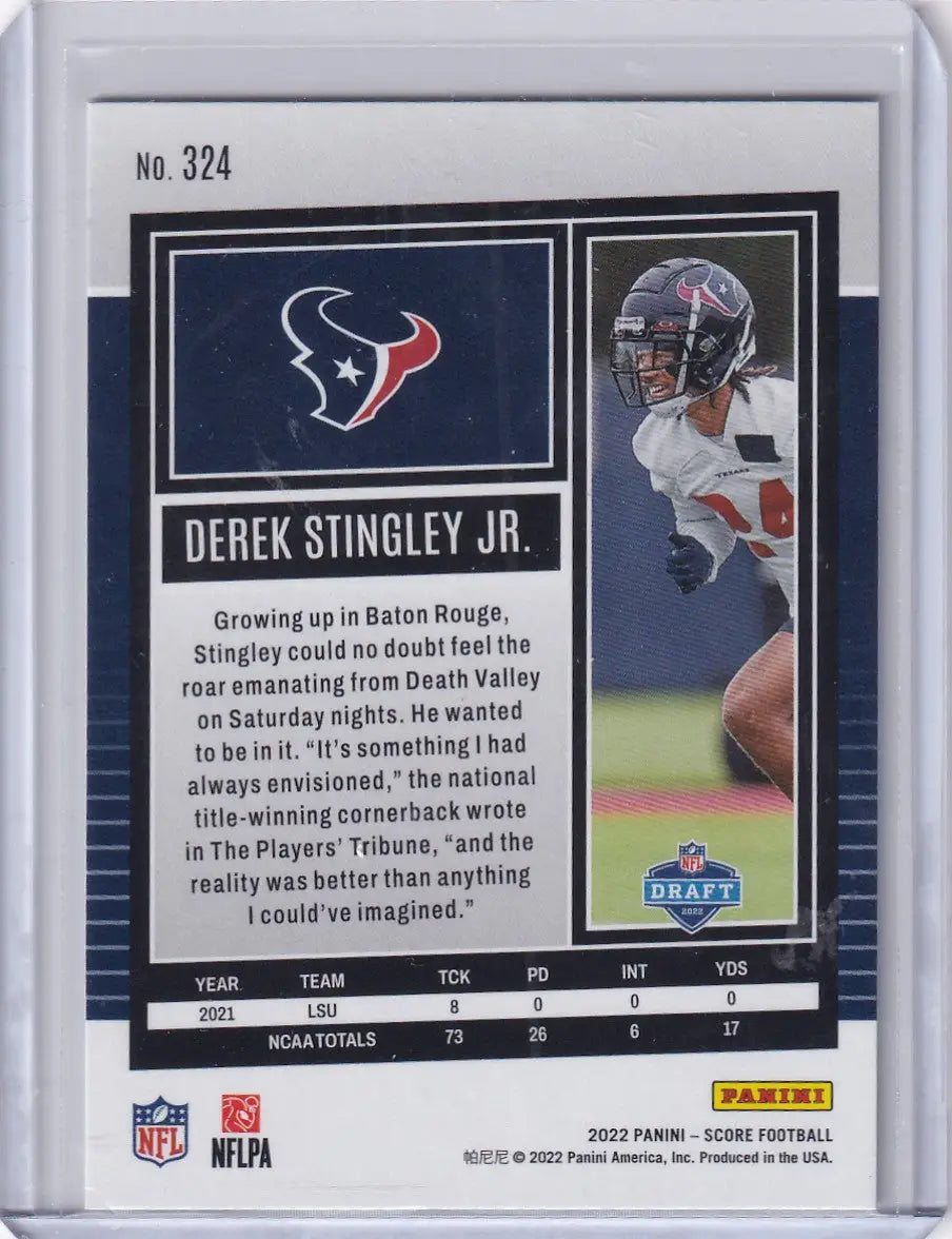 2022 Panini Score #324 Derek Stingley Jr. - Houston Texans