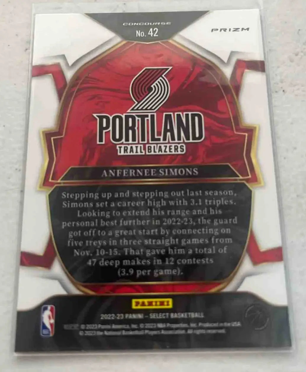 Collectible Panini Select Anfernee Simons basketball card featuring Anfernee Simons Blue Prizms