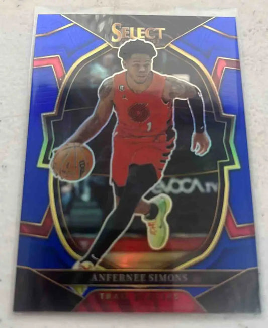 Basketball trading card of Anfernee Simons from Panini Select Anfernee Blue Prizms series