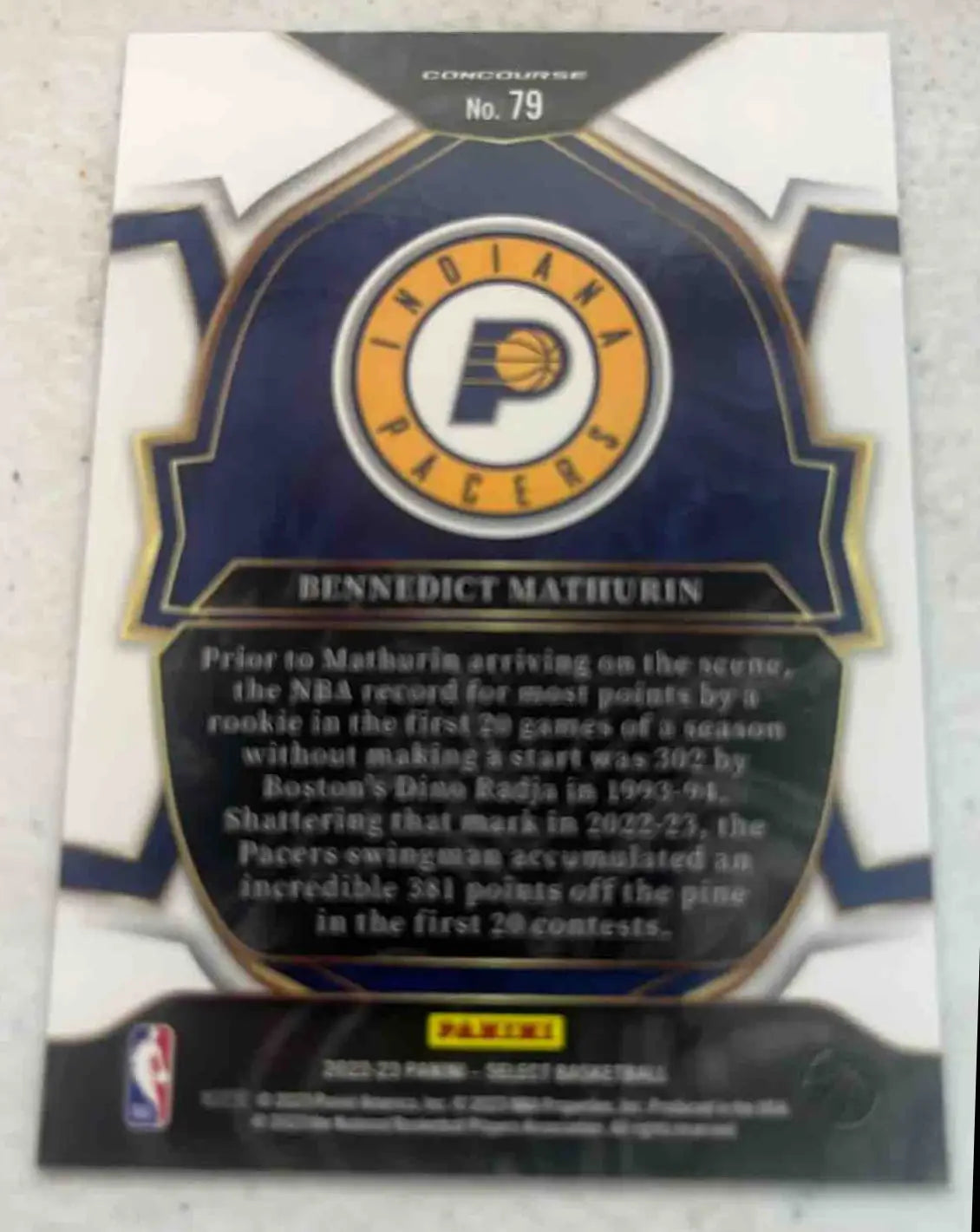 Benedict Mathurin Blue Panini Select Bennedict trading card for Indiana Pacers