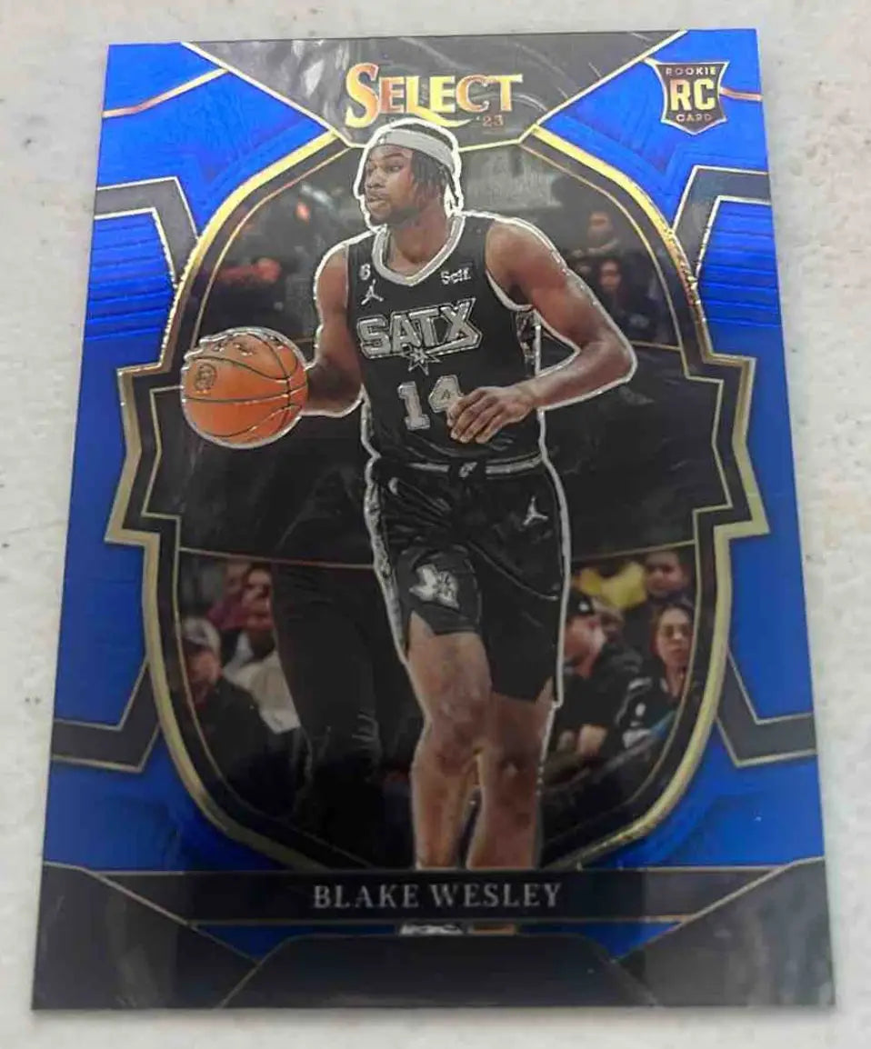 Blue and gold Panini Select Blake Wesley rookie basketball card in 2022 Panini Select Blake collection