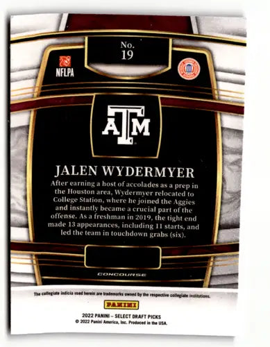 Jalen Wydermyer football card from 2022 Panini Select Draft Picks with original gloss