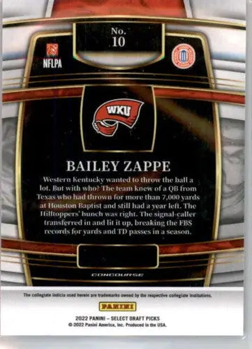 2022 Panini Select Draft Picks Blue #10 Bailey Zappe NM-MT Concourse ID:48199 - Football Card Single