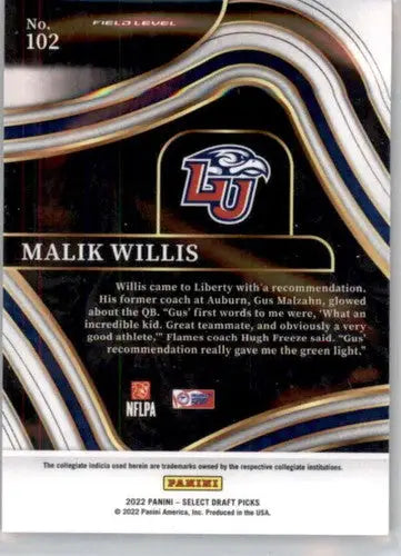 2022 Panini Select Draft Picks Blue #102 Malik Willis NM Near Mint Fiel ID:66504 - Football Card Single