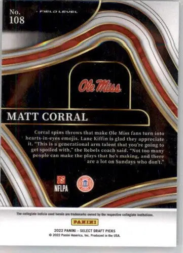 2022 Panini Select Draft Picks Blue #108 Matt Corral NM Near Mint Field ID:66506 - Football Card Single