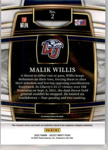 2022 Panini Select Draft Picks Blue #2 Malik Willis NM-MT Concourse ID:48198 - Football Card Single