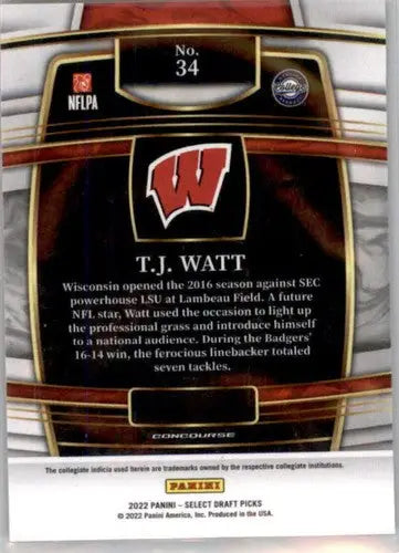 2022 Panini Select Draft Picks Blue #34 T.J. Watt NM Near Mint Concours ID:66458 - Football Card Single