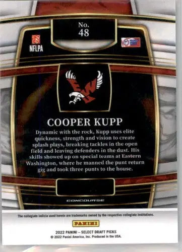 Back of a Cooper Kupp football trading card from 2022 Panini Select Draft Picks Blue