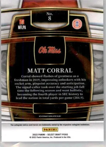 2022 Panini Select Draft Picks Blue #8 Matt Corral NM Near Mint Concour ID:66441 - Football Card Single
