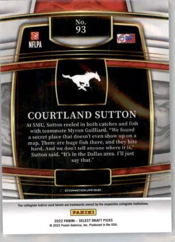 Football card back from 2022 Panini Select Draft Picks Blue featuring Courtland Sutton