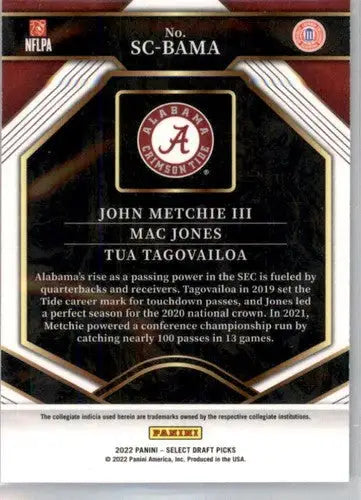 Football trading card from 2022 Panini Select Draft Picks featuring John Metchie III and Mac Jones