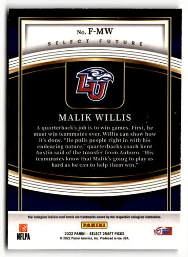 Original gloss Malik Willis football trading card from Panini Select Draft Picks collection