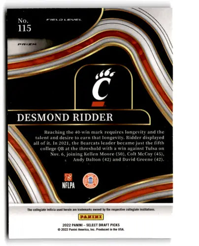 2022 Panini Select Draft Picks Red Lazer Prizm #115 Desmond Ridder NM N ID:66417 - Football Card Single