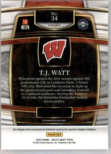 T.J. Watt football card from Panini Select Draft Picks Red Lazer Prizm series